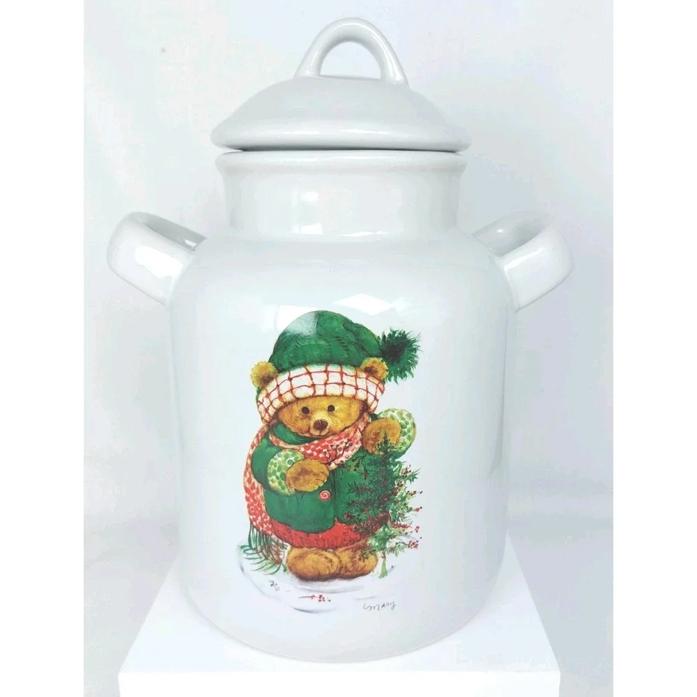 Vtg Hallmark Christmas Teddy Bear Holly Canister Jar Lid‎ Handles 9